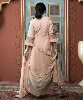 Peach embroidered silk stitched asymmetrical trouser kurta dupatta readymade suits 4