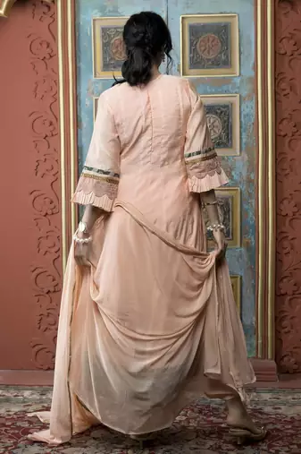 Peach embroidered silk stitched asymmetrical trouser kurta dupatta readymade suits