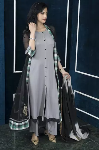 Black embroidered georgette stitched jacket style palazzo kurta dupatta readymade suits