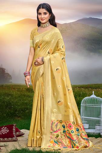 Sangam prints yellow havy assam silk saree with meena woven work traditional saree