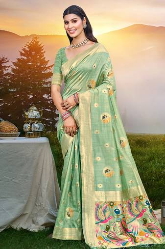 Sangam prints sea green havy assam silk saree with meena woven work traditional saree