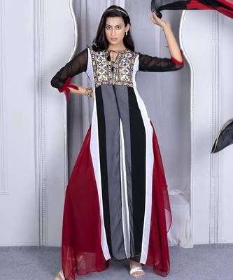 Multicolor embroidered georgette stitched asymmetrical trouser kurta dupatta readymade suits 1