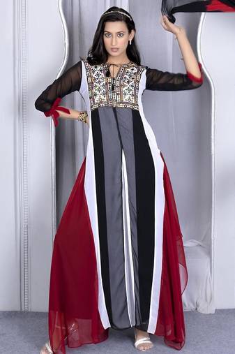 Multicolor embroidered georgette stitched asymmetrical trouser kurta dupatta readymade suits
