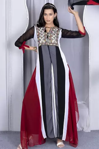 Multicolor embroidered georgette stitched asymmetrical trouser kurta dupatta readymade suits