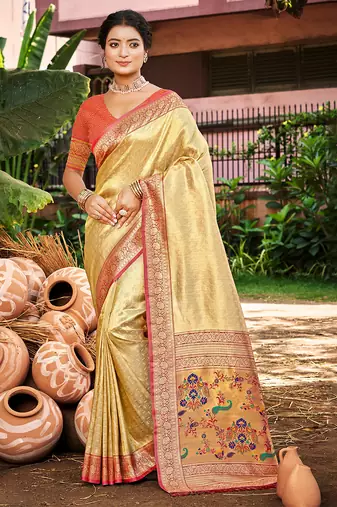 Sangam prints multi color kanjivaram silk woven work traditional saree