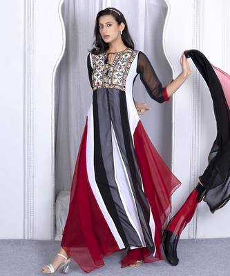 Multicolor embroidered georgette stitched asymmetrical trouser kurta dupatta readymade suits 2