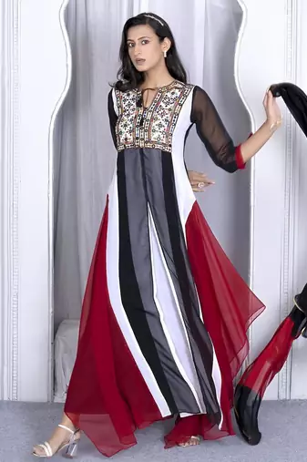 Multicolor embroidered georgette stitched asymmetrical trouser kurta dupatta readymade suits