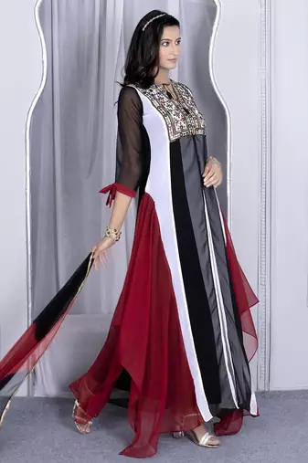 Multicolor embroidered georgette stitched asymmetrical trouser kurta dupatta readymade suits