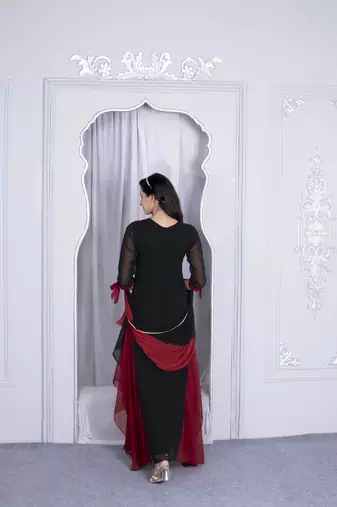 Multicolor embroidered georgette stitched asymmetrical trouser kurta dupatta readymade suits