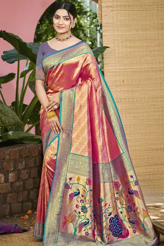 Sangam prints multi color kanjivaram silk woven work traditional saree