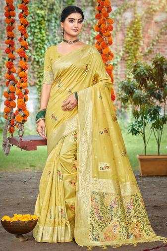 Sangam prints yellow havy assam silk saree with meena woven work traditional saree