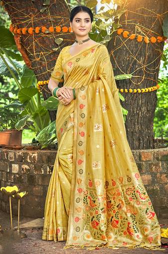 Sangam prints yellow havy assam silk saree with meena woven work traditional saree