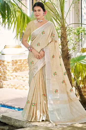 Sangam prints crem linen woven work traditional saree