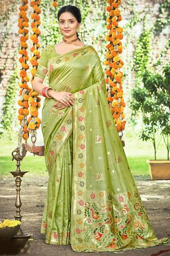 Sangam prints green havy assam silk saree with meena woven work traditional saree