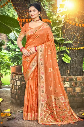 Sangam prints orange havy assam silk saree with meena woven work traditional saree