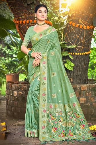 Sangam prints sea green havy assam silk saree with meena woven work traditional saree
