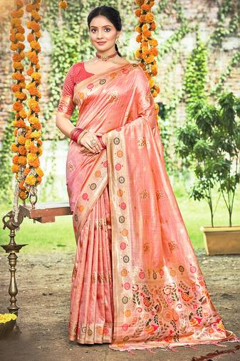 Sangam prints peach havy assam silk saree with meena woven work traditional saree