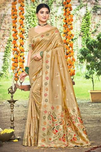 Sangam prints chiku havy assam silk saree with meena woven work traditional saree