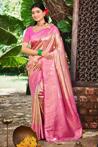 Sangam prints rani pink kanjivaram silk woven work traditional saree