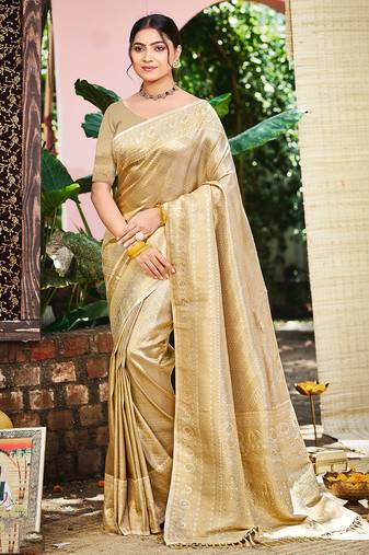 Sangam prints beige kanjivaram silk woven work traditional saree