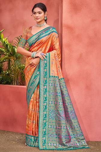 Sangam prints light orange kanjivaram silk woven work traditional saree