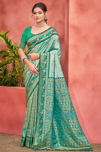 Sangam prints teal   kanjivaram silk woven work traditional saree