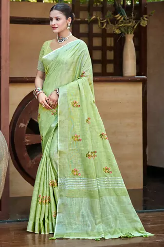 Sangam prints olive green linen woven work traditional saree