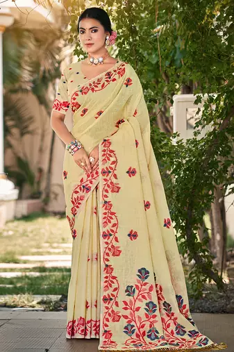 Sangam prints light yellow linen woven work traditional saree