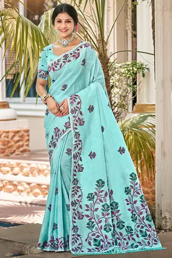 Sangam prints turquoise linen woven work traditional saree