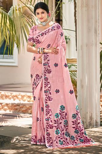 Sangam prints light pink linen woven work traditional saree