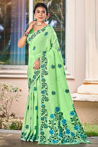 Sangam prints light green linen woven work traditional saree