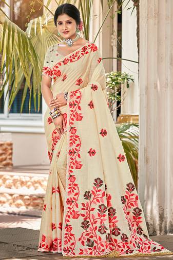 Sangam prints cream   linen woven work traditional saree