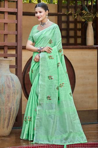 Sangam prints bottel green linen woven work traditional saree