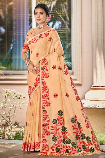 Sangam prints peach   linen woven work traditional saree