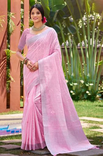 Sangam prints pink linen woven work traditional saree