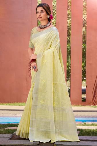 Sangam prints yellow linen woven work traditional saree