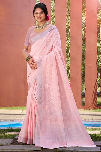 Sangam prints pink linen woven work traditional saree