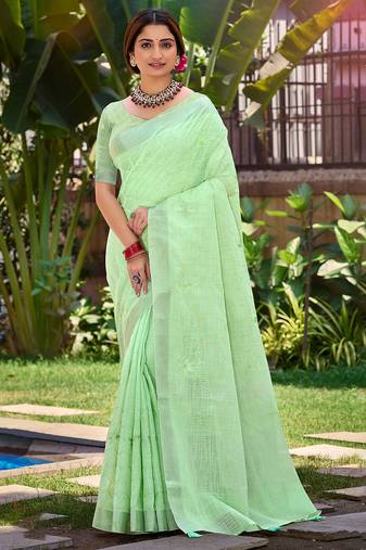 Sangam prints light green linen woven work traditional saree