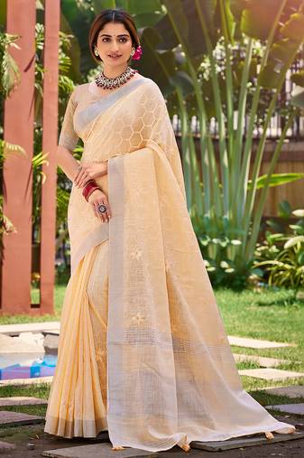 Sangam prints peach linen woven work traditional saree