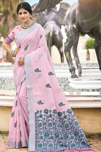 Sangam prints light pink linen woven work traditional saree