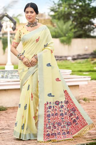 Sangam prints yellow linen woven work traditional saree