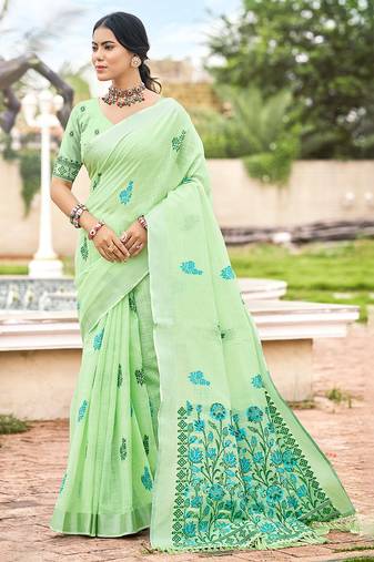 Sangam prints parrot green linen woven work traditional saree