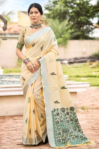 Sangam prints beige linen woven work traditional saree