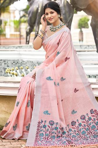 Sangam prints pink linen woven work traditional saree