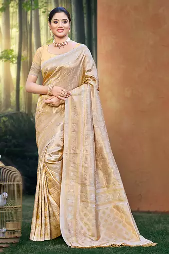 Sangam prints beige kanjivaram silk woven work traditional saree