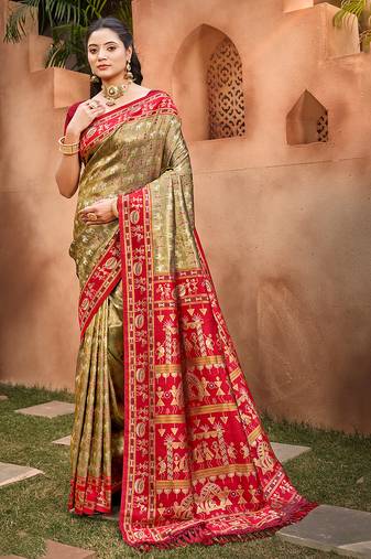 Sangam prints beige kanjivaram silk woven work traditional saree