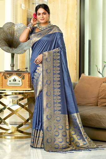 Sangam prints navy blue assam silk woven work traditional saree