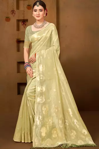 Sangam prints olive green munga kota woven work traditional saree