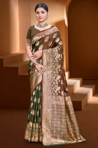 Sangam prints brown  silk woven work traditional saree