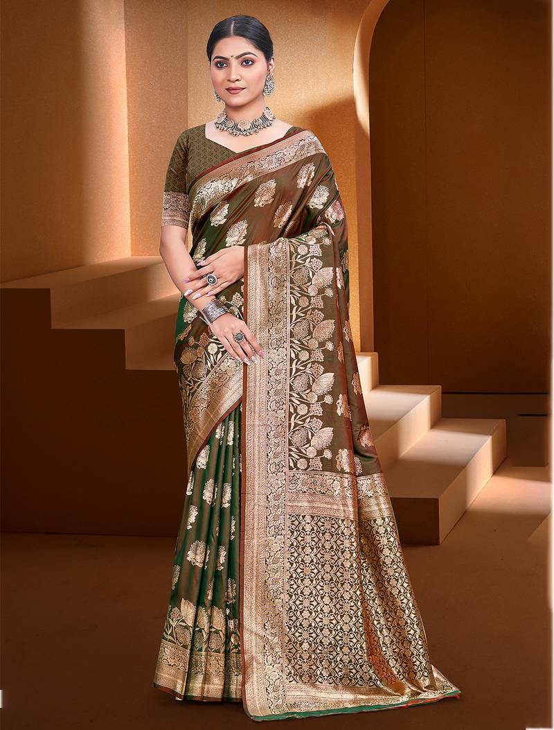 Sangam prints brown   silk woven work traditional saree